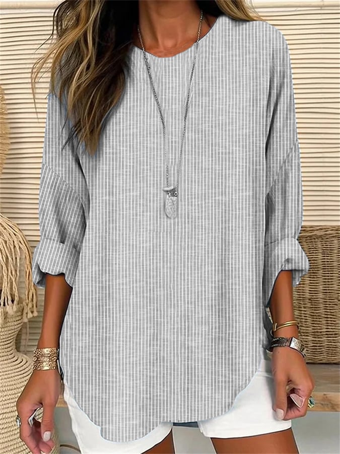 TS | Ladies retro striped loose fit long sleeve shirt with round neckline