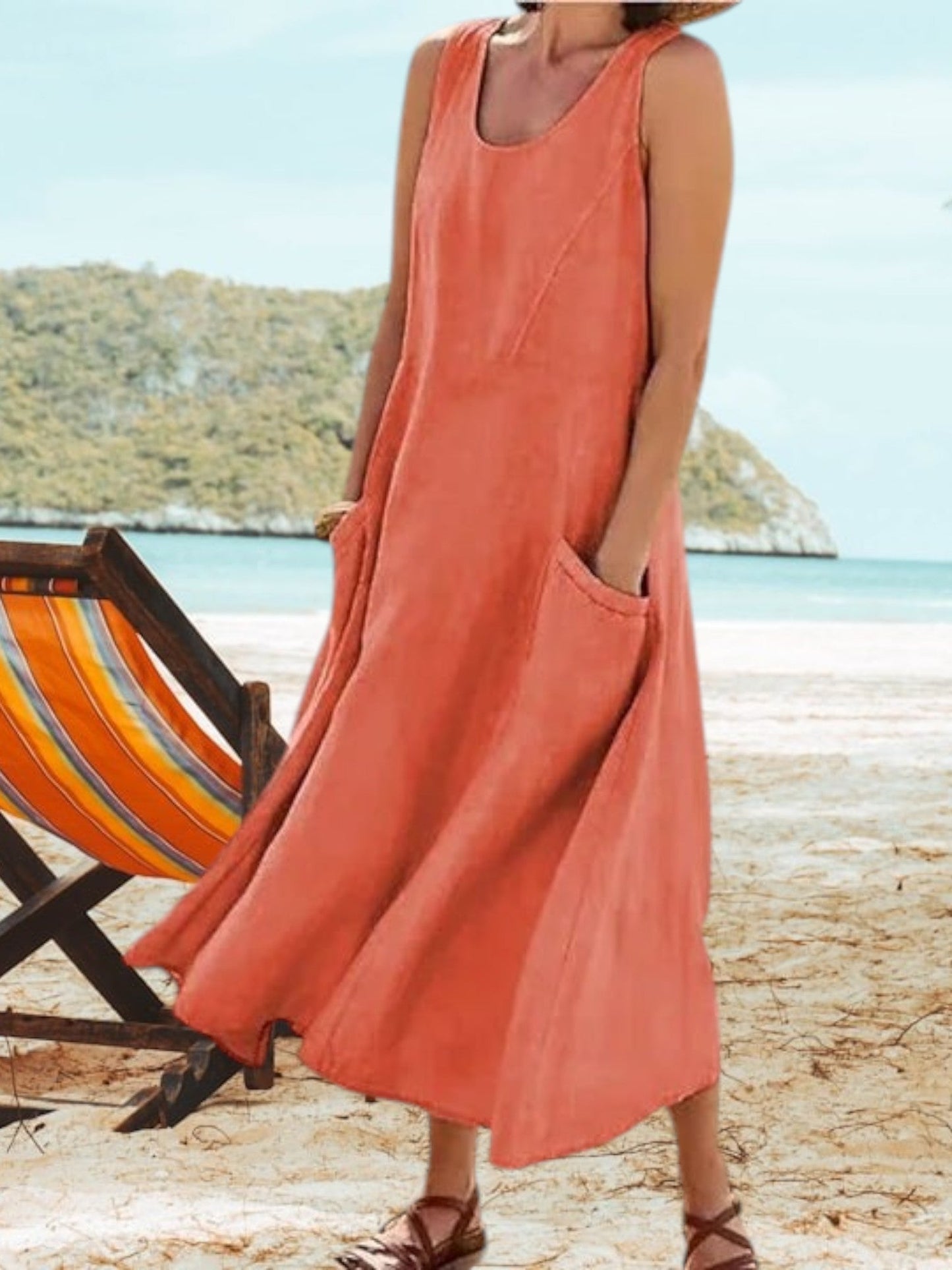 LM | Elegant women's linen dress with elasticated pockets for spring and summer