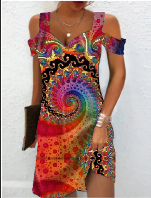 LM | Fashion Party Dress for Women Summer Elegant Floral Printed Vintage Dress Casual Lady A-Line Dress