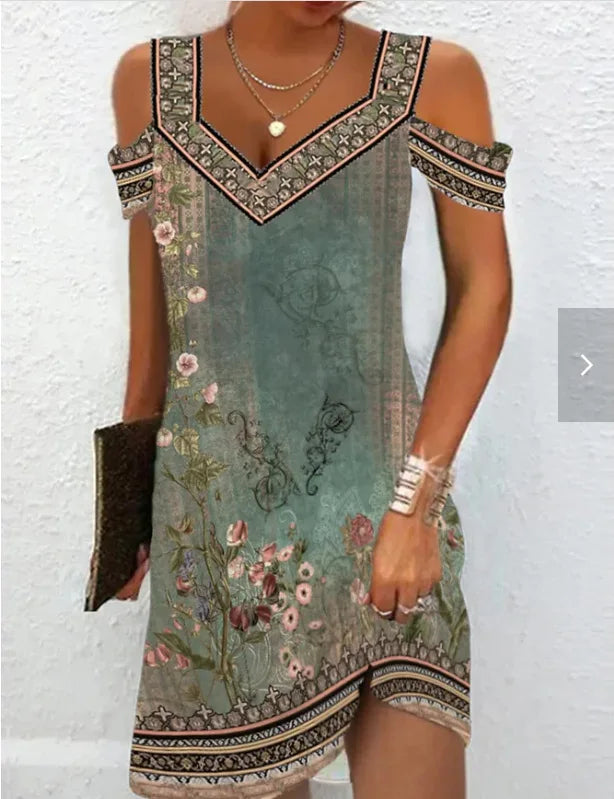 LM | Fashion Party Dress for Women Summer Elegant Floral Printed Vintage Dress Casual Lady A-Line Dress