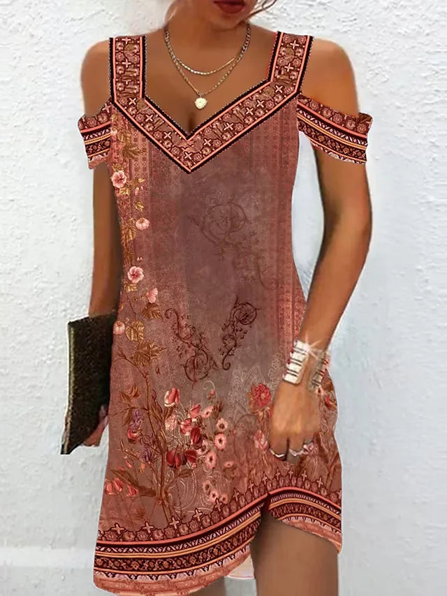 LM | Fashion Party Dress for Women Summer Elegant Floral Printed Vintage Dress Casual Lady A-Line Dress