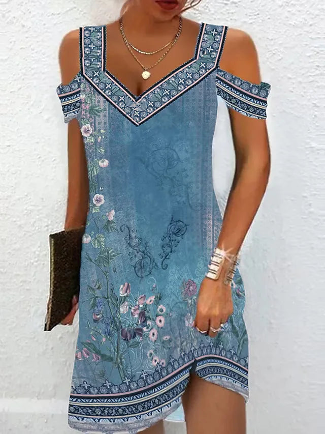 LM | Fashion Party Dress for Women Summer Elegant Floral Printed Vintage Dress Casual Lady A-Line Dress