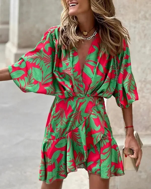 LM | Women Print Dress Sexy V-Neck Batwing Sleeves Ruffl Floral Print Bohemian Beach Sundress Ladies Loose Summer Vacation Mini Dresses