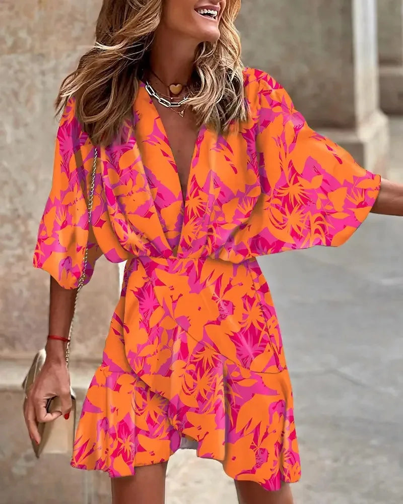 LM | Women Print Dress Sexy V-Neck Batwing Sleeves Ruffl Floral Print Bohemian Beach Sundress Ladies Loose Summer Vacation Mini Dresses