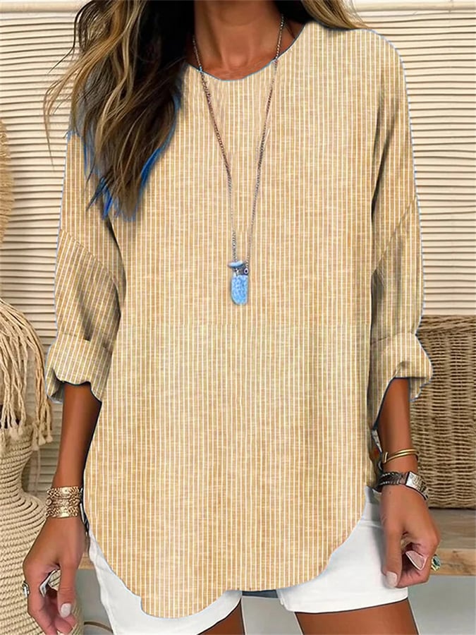 TS | Ladies retro striped loose fit long sleeve shirt with round neckline