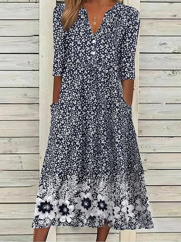 LM | Casual dress with half sleeves, floral print and heart neckline