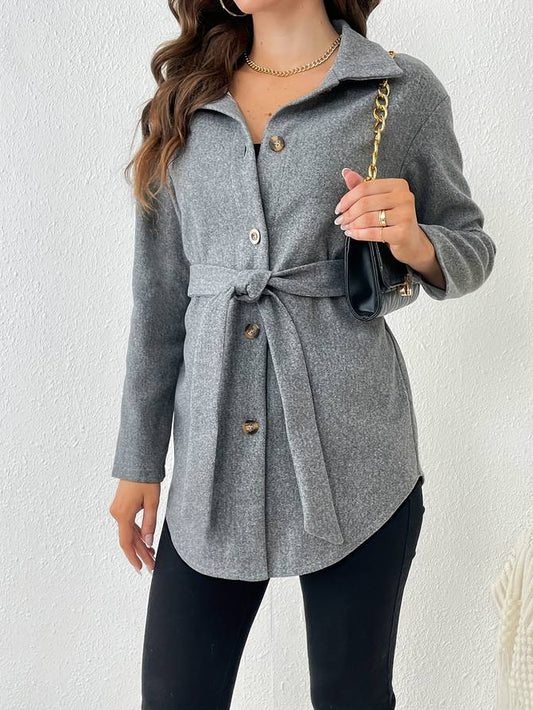 LM | Elegant buttoned coat with tie belt for women