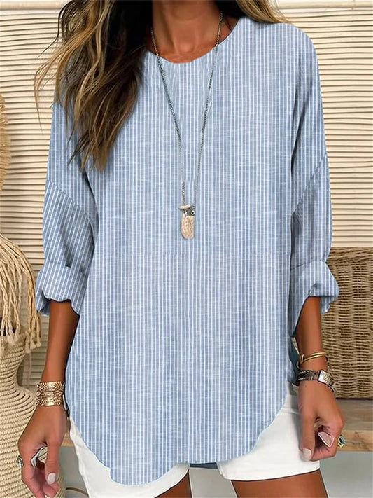 TS | Ladies retro striped loose fit long sleeve shirt with round neckline