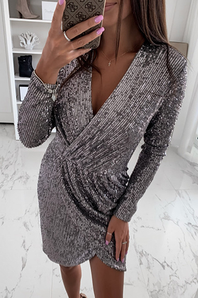 LM | Fashionable elegant simple patchwork pleated evening dress with V-neckline