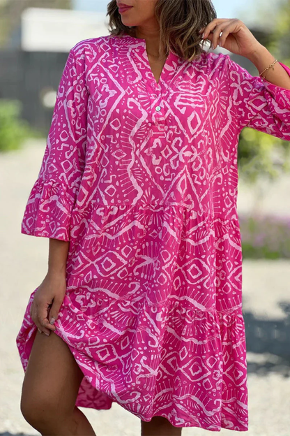 TS | Eliana - Casual dresses with cute geometric print and buttons, V-neckline and cake skirt