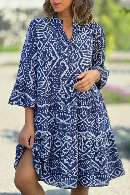 TS | Eliana - Casual dresses with cute geometric print and buttons, V-neckline and cake skirt