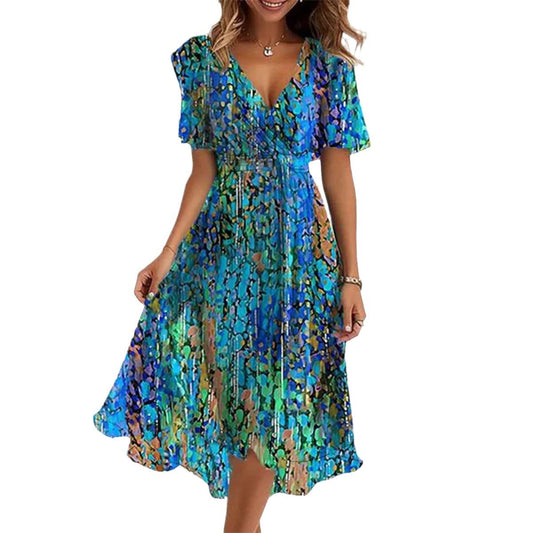 LM | Women's chiffon V-neck short sleeve midi dress