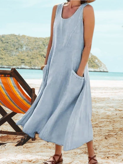 LM | Elegant women's linen dress with elasticated pockets for spring and summer