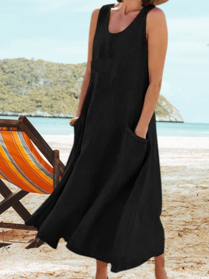 LM | Elegant women's linen dress with elasticated pockets for spring and summer