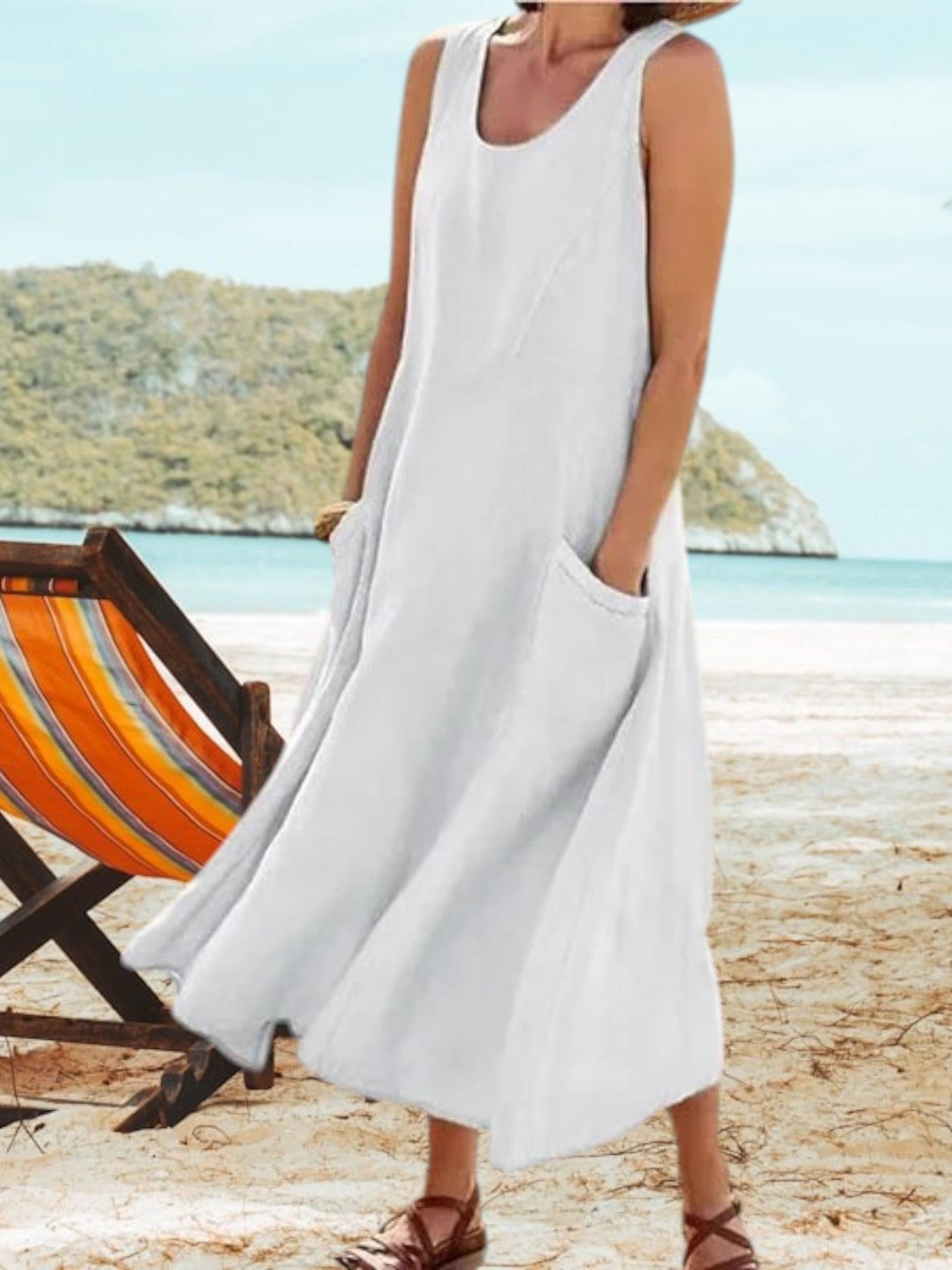 LM | Elegant women's linen dress with elasticated pockets for spring and summer