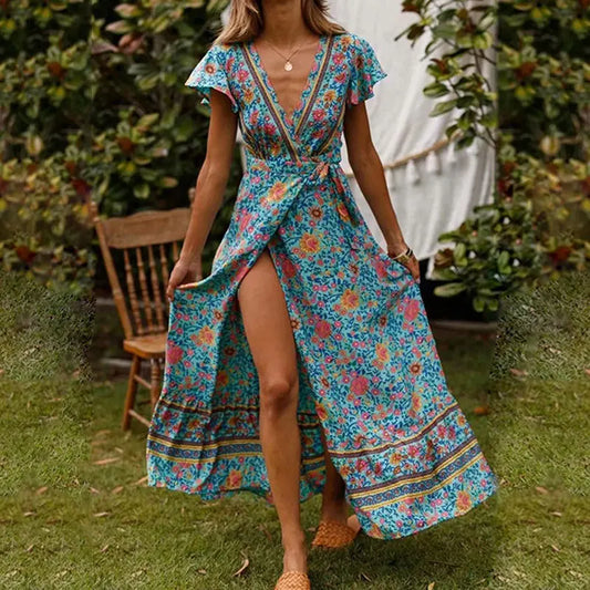 LM | Elegant summer maxi dress with ruffles, short sleeves and a deep V-neckline