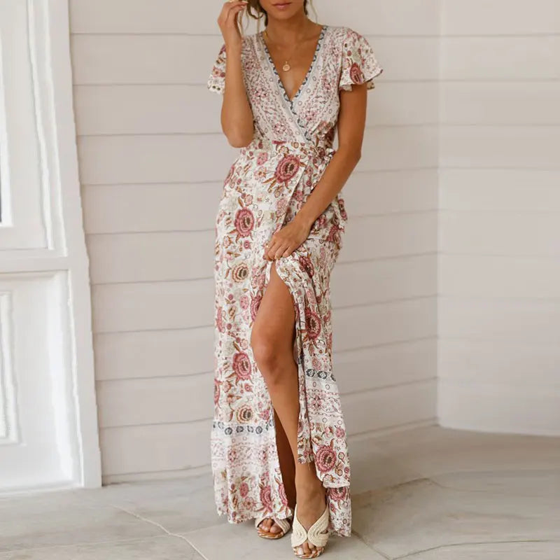 LM | Elegant summer maxi dress with ruffles, short sleeves and a deep V-neckline