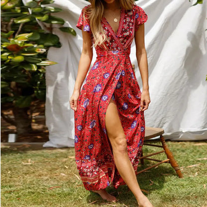 LM | Elegant summer maxi dress with ruffles, short sleeves and a deep V-neckline