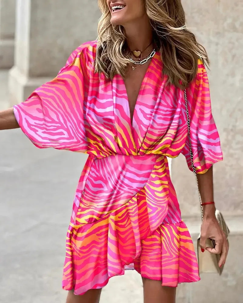 LM | Women Print Dress Sexy V-Neck Batwing Sleeves Ruffl Floral Print Bohemian Beach Sundress Ladies Loose Summer Vacation Mini Dresses