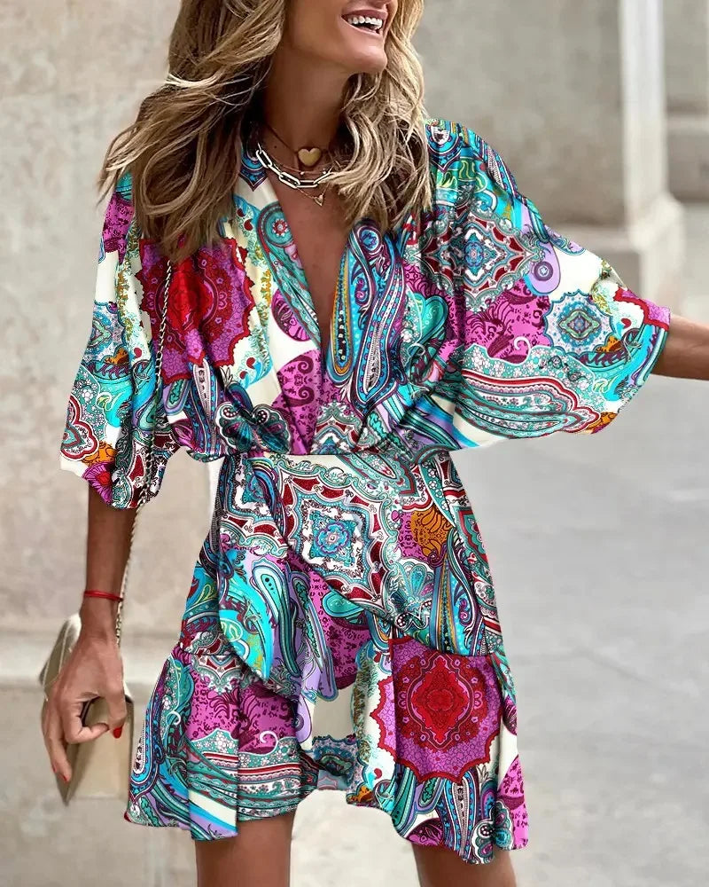 LM | Women Print Dress Sexy V-Neck Batwing Sleeves Ruffl Floral Print Bohemian Beach Sundress Ladies Loose Summer Vacation Mini Dresses