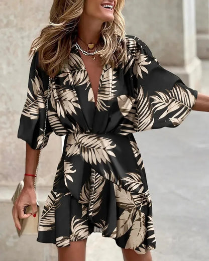LM | Women Print Dress Sexy V-Neck Batwing Sleeves Ruffl Floral Print Bohemian Beach Sundress Ladies Loose Summer Vacation Mini Dresses