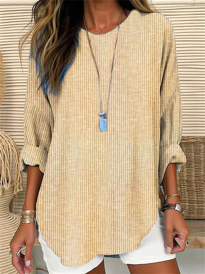TS | Ladies retro striped loose fit long sleeve shirt with round neckline