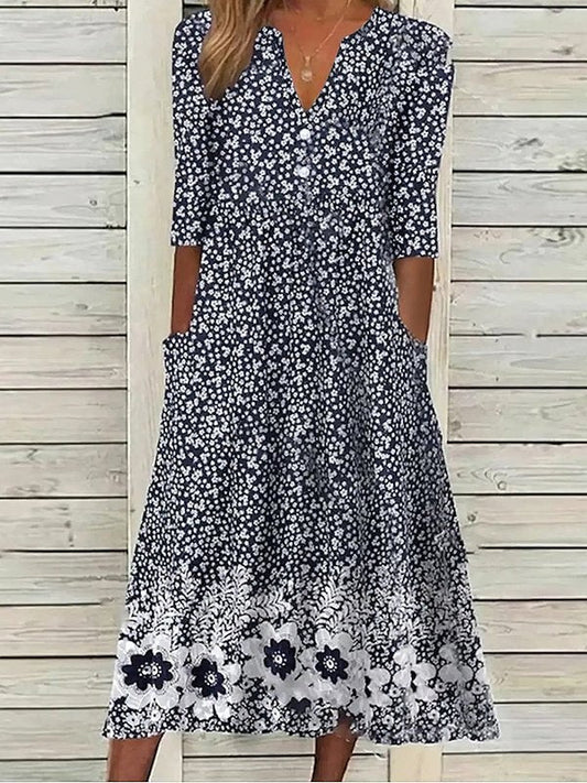 LM | Casual dress with half sleeves, floral print and heart neckline