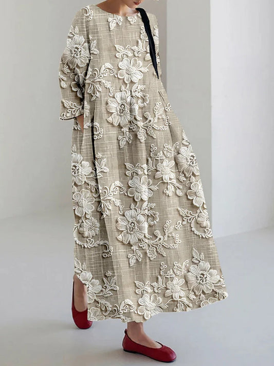 LM | Vintage Floral Art Print elegant and chic loose long sleeve midi dress